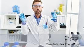  Presentation with laboratory chemical - Slide deck with middle-age-man-working background and a light gray colored foreground