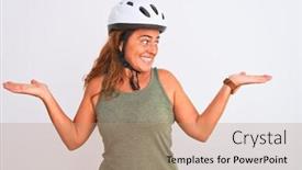  Presentation with cyclist - Audience pleasing presentation theme consisting of middle age mature cyclist woman wearing safety helmet over isolated background smiling showing both hands open palms presenting and advertising comparison and balance backdrop and a coral colored foreground