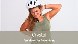 Presentation with cyclist - Cool new slide deck with middle age mature cyclist woman wearing safety helmet over isolated background suffering of neck ache injury touching neck with hand muscular pain backdrop and a gray colored foreground