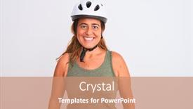  Presentation with cyclist - Beautiful presentation design featuring middle age mature cyclist woman wearing safety helmet over isolated background with a happy and cool smile on face lucky person backdrop and a coral colored foreground