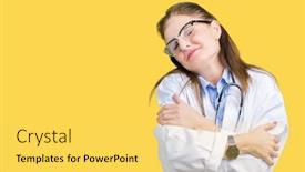  Presentation with self care - Amazing PPT theme having middle age mature doctor woman wearing medical coat over isolated background hugging oneself happy and positive smiling confident self love and self care backdrop and a yellow colored foreground