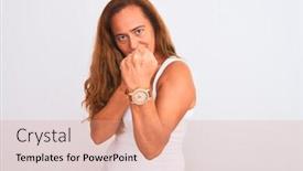  Presentation with fight - Audience pleasing slide set consisting of middle age mature woman standing over white isolated background ready to fight with fist defense gesture angry and upset face afraid of problem backdrop and a coral colored foreground