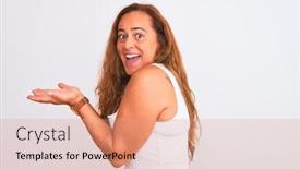  Presentation with woman hands open - Presentation theme featuring middle-age-mature-woman-standing background and a coral colored foreground