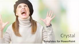  Presentation with yelling - Slides having middle age mature woman wearing winter sweater and beret over isolated background crazy and mad shouting and yelling with aggressive expression and arms raised frustration concept background and a soft green colored foreground