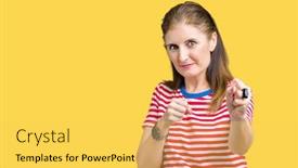 Presentation with violence woman - Amazing slides having middle age mature woman wearing casual t-shirt over isolated background punching fist to fight aggressive and angry attack threat and violence backdrop and a yellow colored foreground