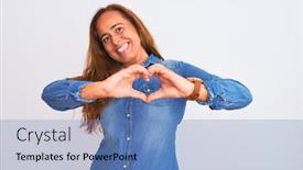  Presentation with denim - Slide set with middle age mature woman wearing denim jacket standing over white isolated background smiling in love doing heart symbol shape with hands romantic concept background and a teal colored foreground