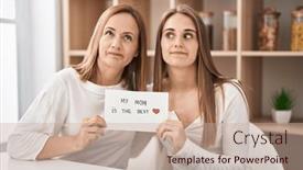  Presentation with mom - PPT theme featuring middle-age-mother-and-young background and a coral colored foreground