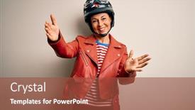  Presentation with motorcycle - Colorful presentation theme enhanced with middle-age-motorcyclist-woman-wearing backdrop and a red colored foreground