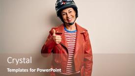  Presentation with motorcycle - Cool new PPT layouts with middle-age-motorcyclist-woman-wearing backdrop and a coral colored foreground