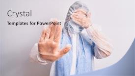  Presentation with woman sad - Theme enhanced with middle-age-nurse-woman-wearing background and a light gray colored foreground