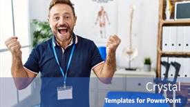  Presentation with physiotherapist - Presentation design consisting of middle-age-physiotherapist-man-working background and a ocean colored foreground