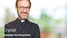  Presentation with catholic mass cross - PPT layouts having middle age priest man wearing catholic robe happy face smiling with crossed arms looking at the camera positive person background and a dark gray colored foreground