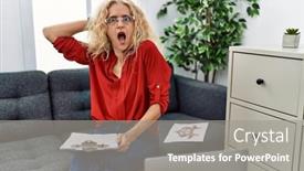  Presentation with woman hands open - Slide set enhanced with middle-age-psychologist-woman background and a gray colored foreground