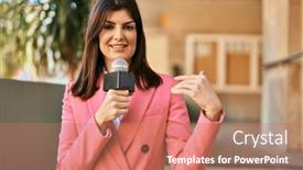  Presentation with television - Cool new presentation design with middle-age-reporter-woman-holding backdrop and a coral colored foreground