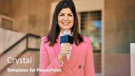  Presentation with television - Presentation design enhanced with middle-age-reporter-woman-holding background and a coral colored foreground