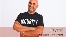 Presentation with security camera - Beautiful PPT theme featuring middle age safeguard man wearing security uniform standing over isolated white background happy face smiling with crossed arms looking at the camera positive person backdrop and a red colored foreground