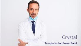  Presentation with simple medical - PPT theme with middle age scientist man wearing coat and medical mask over isolated white background with serious expression on face simple and natural looking at the camera background and a sky blue colored foreground