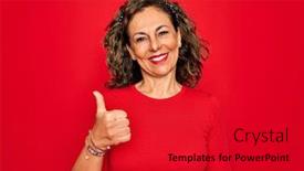  Presentation with success - Presentation design featuring middle-age-senior-brunette-woman background and a crimson colored foreground