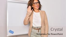  Presentation with business hello - PPT layouts enhanced with middle-age-senior-business-woman background and a coral colored foreground