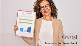  Presentation with goal - Theme featuring middle-age-senior-business-woman background and a soft green colored foreground