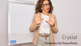  Presentation with moving business - Presentation theme enhanced with middle-age-senior-business-woman background and a coral colored foreground