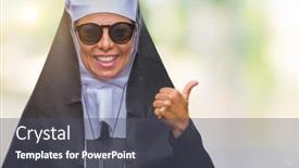  Presentation with nun - Slide deck enhanced with middle age senior catholic nun woman wearing sunglasses over isolated background smiling with happy face looking and pointing to the side with thumb up background and a dark gray colored foreground