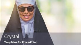  Presentation with nun - PPT theme featuring middle age senior catholic nun woman wearing sunglasses over isolated background with a happy and cool smile on face lucky person background and a dark gray colored foreground