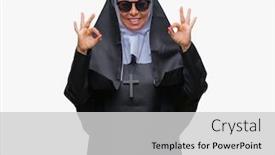  Presentation with nun - Presentation theme consisting of middle age senior catholic nun woman wearing sunglasses over isolated background relax and smiling with eyes closed doing meditation gesture with fingers yoga concept background and a light gray colored foreground