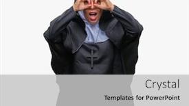  Presentation with nun - Slides featuring middle age senior christian catholic nun woman over isolated background doing ok gesture like binoculars sticking tongue out eyes looking through fingers crazy expression background and a light gray colored foreground