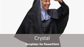  Presentation with nun - PPT layouts with middle age senior christian catholic nun woman over isolated background very happy and smiling looking far away with hand over head searching concept background and a gray colored foreground