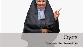  Presentation with nun - Audience pleasing presentation design consisting of middle age senior christian catholic backdrop and a light gray colored foreground