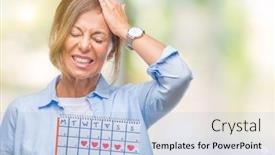  Presentation with shame - Colorful theme enhanced with middle age senior hispanic woman holding menstruation calendar over isolated background stressed with hand on head shocked with shame and surprise face angry and frustrated fear and upset backdrop and a light blue colored foreground