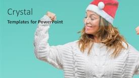  Presentation with senior fitness - Amazing slides having middle age senior hispanic woman wearing christmas hat over isolated background showing arms muscles smiling proud fitness concept backdrop and a seafoam green colored foreground