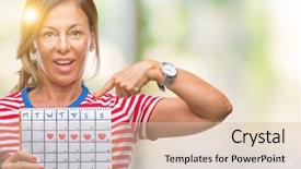  Presentation with information age - Slide set with middle age senior hispanic woman background and a  colored foreground