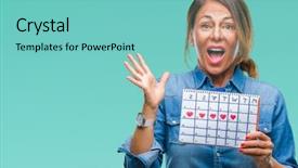  Presentation with woman hands raised to sky - Colorful slide set enhanced with middle age senior hispanic woman backdrop and a seafoam green colored foreground