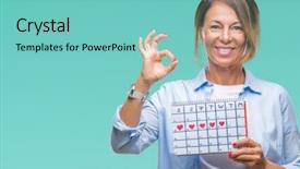  Presentation with symbol - Colorful presentation theme enhanced with middle age senior hispanic woman backdrop and a seafoam green colored foreground