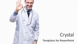  Presentation with medical smiling doctor - Colorful PPT theme enhanced with middle age senior hoary doctor backdrop and a white colored foreground