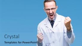  Presentation with winner - Cool new slides with middle age senior hoary professional man wearing white coat over isolated background very happy and excited doing winner gesture with arms raised smiling and screaming for success celebration backdrop and a light blue colored foreground