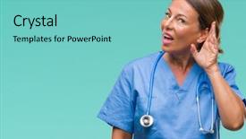  Presentation with listening woman - Beautiful slide deck featuring middle age senior nurse doctor backdrop and a seafoam green colored foreground