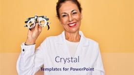  Presentation with correction - Colorful PPT theme enhanced with middle-age-senior-oculist-woman backdrop and a sky blue colored foreground