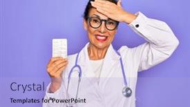  Presentation with pharmaceutical - Presentation theme having middle-age-senior-professional-doctor background and a light blue colored foreground