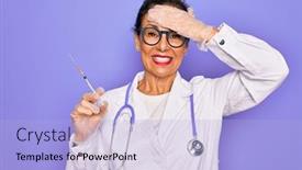  Presentation with medical vaccine - Cool new presentation theme with middle-age-senior-professional-doctor backdrop and a light blue colored foreground