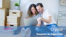  Presentation with computer love - PPT layouts with middle age senior romantic couple in love sitting on the apartment floor with boxes around and using computer laptop smiling happy for moving to a new home background and a teal colored foreground