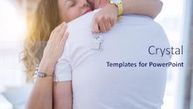  Presentation with romantic - Audience pleasing presentation theme consisting of middle age senior romantic couple holding and showing house keys hugging and smiling happy for moving to a new home backdrop and a sky blue colored foreground