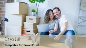 Presentation with computer love - Cool new slide deck with middle age senior romantic couple in love sitting on the apartment floor with boxes around and using computer laptop smiling happy for moving to a new home backdrop and a mint green colored foreground
