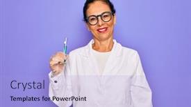  Presentation with test tube laboratory - Slide deck with middle-age-senior-scientist-woman background and a light blue colored foreground