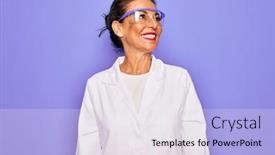  Presentation with scientist - Amazing presentation theme having middle-age-senior-scientist-woman backdrop and a sky blue colored foreground