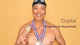  Presentation with wearing swimming goggles and cap - Beautiful slide set featuring middle-age-senior-swimmer-man backdrop and a yellow colored foreground