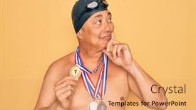  Presentation with swimmer - Audience pleasing presentation design consisting of middle-age-senior-swimmer-man backdrop and a coral colored foreground