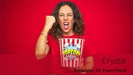  Presentation with snack - PPT theme featuring middle age senior woman eating popcorn snack over red isolated background annoyed and frustrated shouting with anger crazy and yelling with raised hand anger concept background and a crimson colored foreground